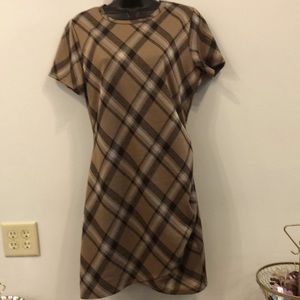 FSL Tan Plaid Dress with Side Ruched Detail